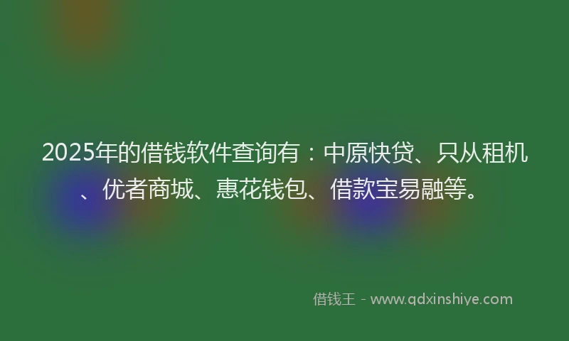 2025年的借钱软件查询有：中原快贷、只从租机、优者商城、惠花钱包、借款宝易融等。