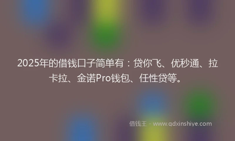 2025年的借钱口子简单有：贷你飞、优秒通、拉卡拉、金诺Pro钱包、任性贷等。