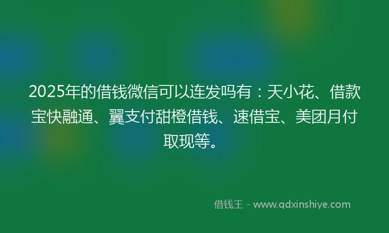 2025年的借钱微信可以连发吗有：天小花、借款宝快融通、翼支付甜橙借钱、速借宝、美团月付取现等。