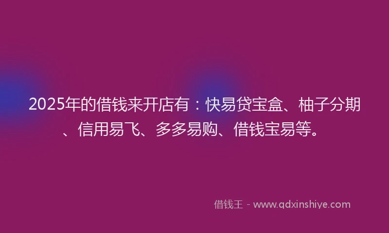 2025年的借钱来开店有：快易贷宝盒、柚子分期、信用易飞、多多易购、借钱宝易等。