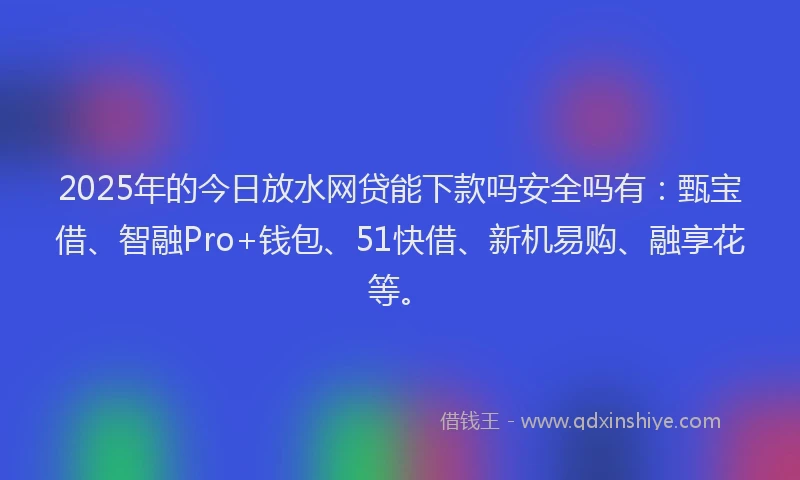 2025年的今日放水网贷能下款吗安全吗有：甄宝借、智融Pro+钱包、51快借、新机易购、融享花等。