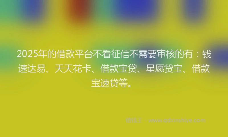 2025年的借款平台不看征信不需要审核的有：钱速达易、天天花卡、借款宝贷、星愿贷宝、借款宝速贷等。