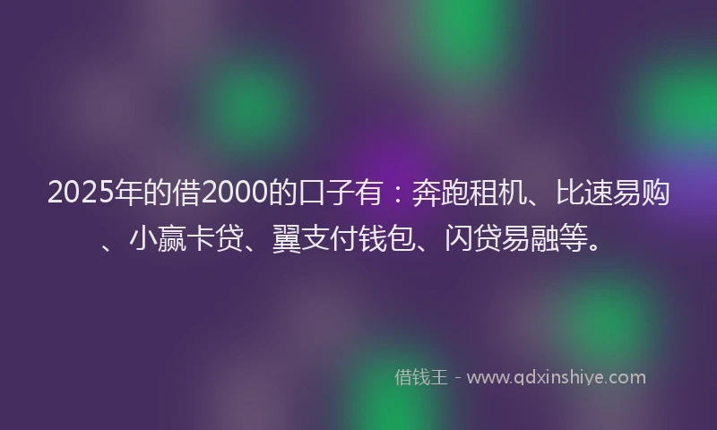 2025年的借2000的口子有：奔跑租机、比速易购、小赢卡贷、翼支付钱包、闪贷易融等。
