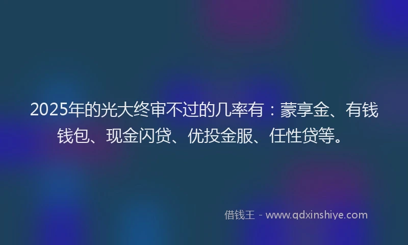 2025年的光大终审不过的几率有：蒙享金、有钱钱包、现金闪贷、优投金服、任性贷等。