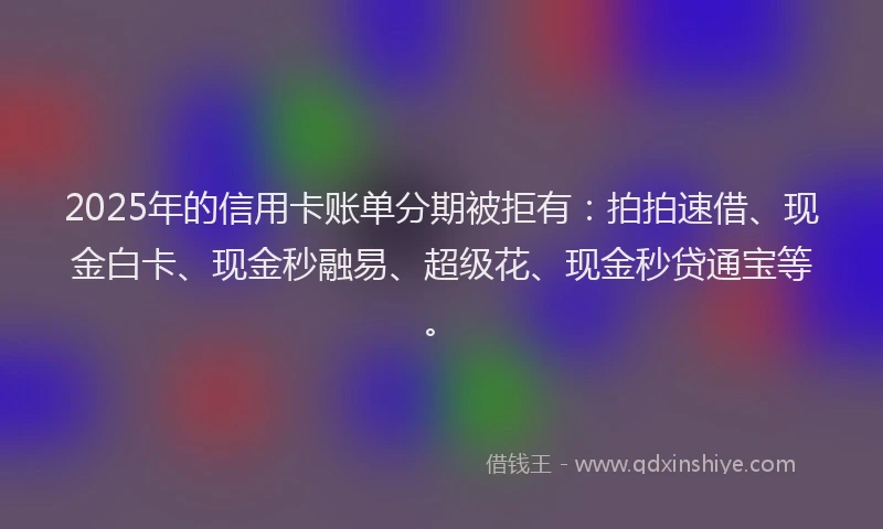 2025年的信用卡账单分期被拒有：拍拍速借、现金白卡、现金秒融易、超级花、现金秒贷通宝等。