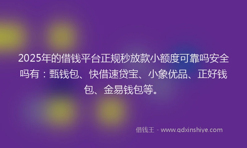 2025年的借钱平台正规秒放款小额度可靠吗安全吗有：甄钱包、快借速贷宝、小象优品、正好钱包、金易钱包等。