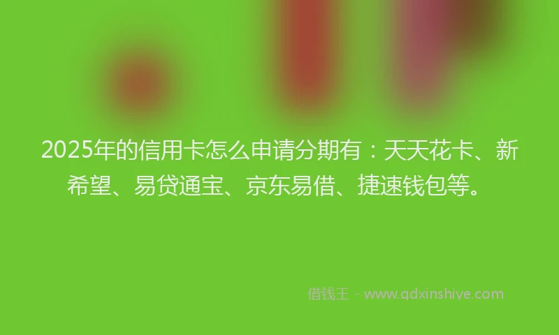 2025年的信用卡怎么申请分期有：天天花卡、新希望、易贷通宝、京东易借、捷速钱包等。