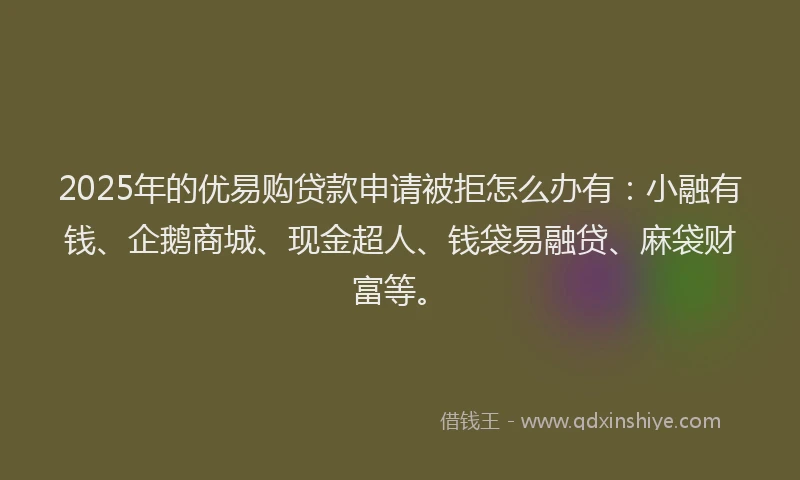 2025年的优易购贷款申请被拒怎么办有：小融有钱、企鹅商城、现金超人、钱袋易融贷、麻袋财富等。