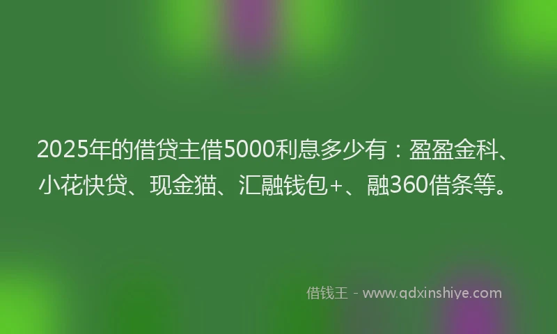 2025年的借贷主借5000利息多少有：盈盈金科、小花快贷、现金猫、汇融钱包+、融360借条等。