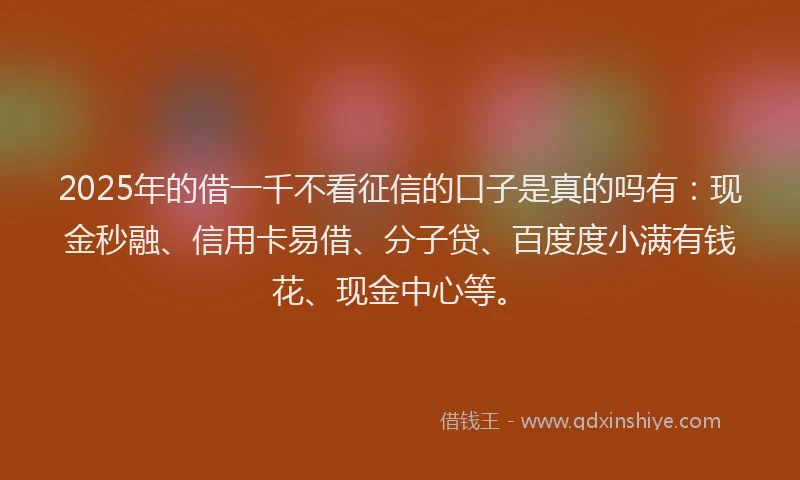 2025年的借一千不看征信的口子是真的吗有：现金秒融、信用卡易借、分子贷、百度度小满有钱花、现金中心等。