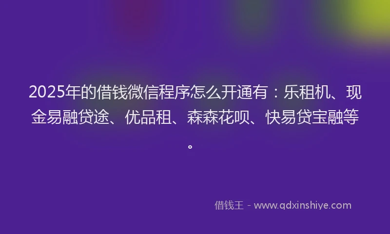 2025年的借钱微信程序怎么开通有:乐租机、现金易融贷途、优品租、森森花呗、快易贷宝融等。