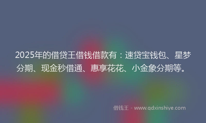2025年的借贷王借钱借款有：速贷宝钱包、星梦分期、现金秒借通、惠享花花、小金象分期等。