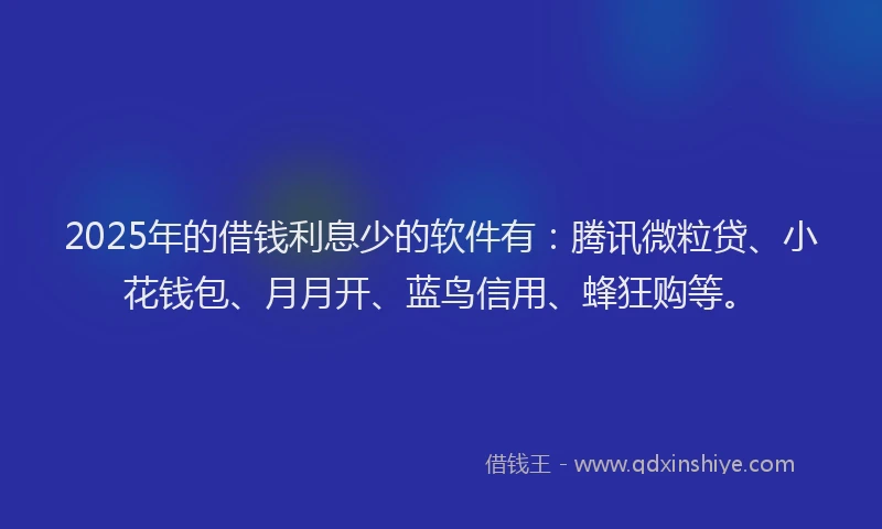 2025年的借钱利息少的软件有：腾讯微粒贷、小花钱包、月月开、蓝鸟信用、蜂狂购等。