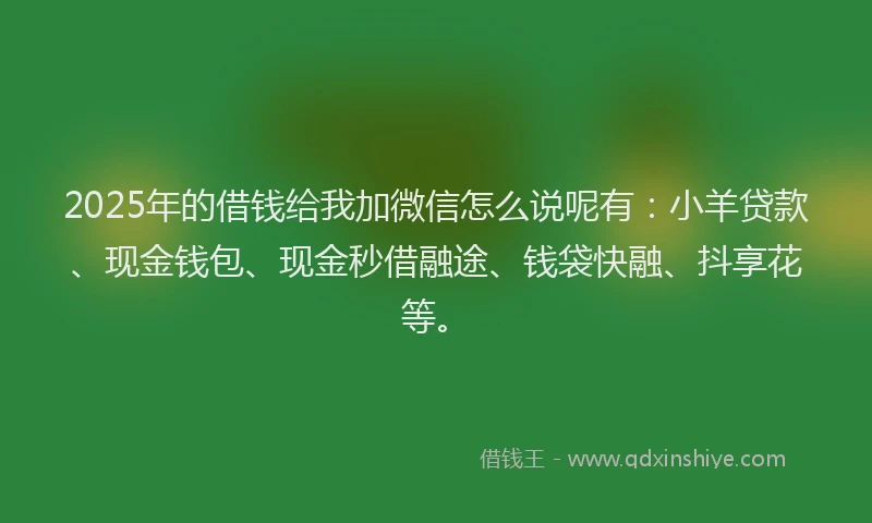 2025年的借钱给我加微信怎么说呢有：小羊贷款、现金钱包、现金秒借融途、钱袋快融、抖享花等。