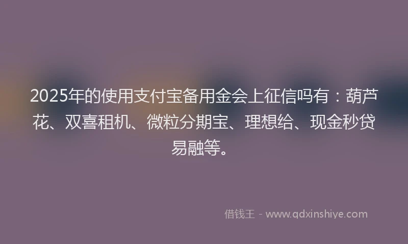 2025年的使用支付宝备用金会上征信吗有：葫芦花、双喜租机、微粒分期宝、理想给、现金秒贷易融等。