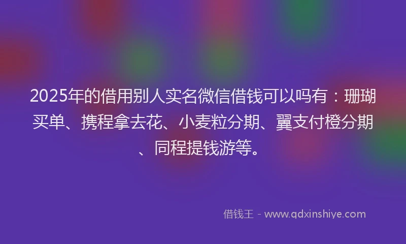 2025年的借用别人实名微信借钱可以吗有：珊瑚买单、携程拿去花、小麦粒分期、翼支付橙分期、同程提钱游等。