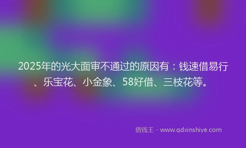 2025年的光大面审不通过的原因有：钱速借易行、乐宝花、小金象、58好借、三枝花等。