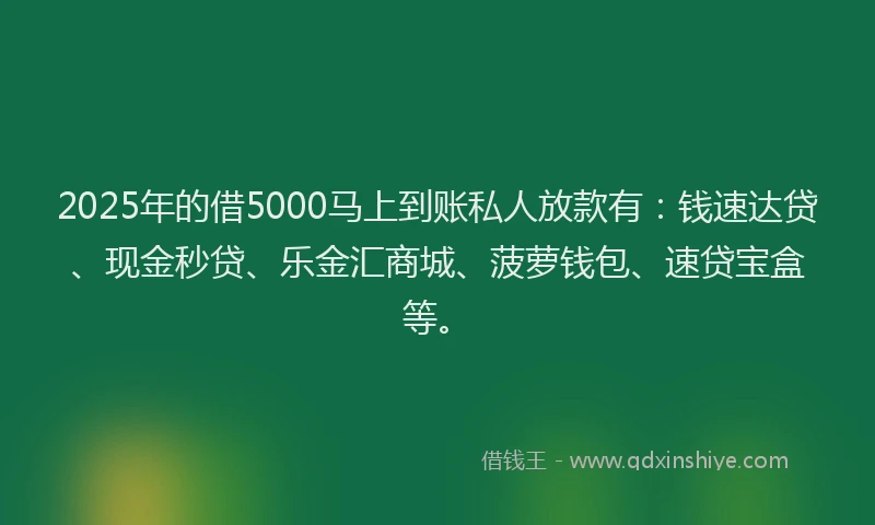 2025年的借5000马上到账私人放款有：钱速达贷、现金秒贷、乐金汇商城、菠萝钱包、速贷宝盒等。