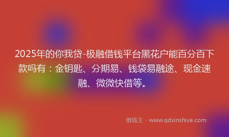 2025年的你我贷-极融借钱平台黑花户能百分百下款吗有：金钥匙、分期易、钱袋易融途、现金速融、微微快借等。