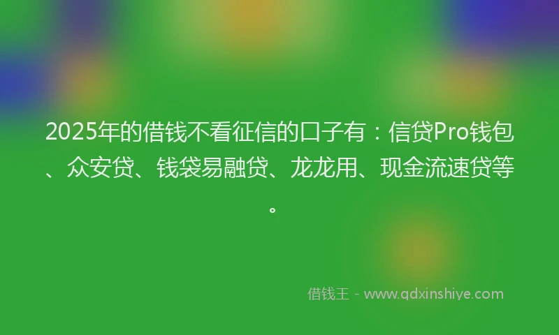 2025年的借钱不看征信的口子有：信贷Pro钱包、众安贷、钱袋易融贷、龙龙用、现金流速贷等。