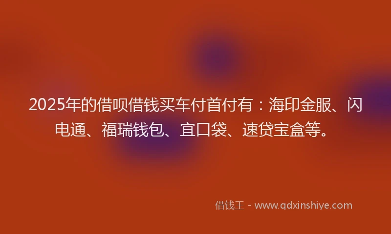 2025年的借呗借钱买车付首付有：海印金服、闪电通、福瑞钱包、宜口袋、速贷宝盒等。