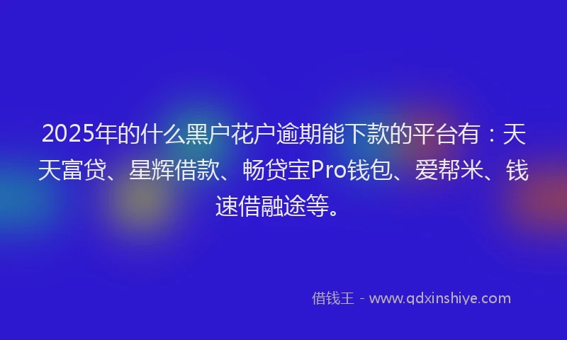 2025年的什么黑户花户逾期能下款的平台有：天天富贷、星辉借款、畅贷宝Pro钱包、爱帮米、钱速借融途等。