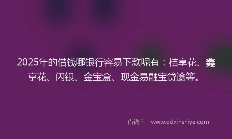 2025年的借钱哪银行容易下款呢有：桔享花、鑫享花、闪银、金宝盒、现金易融宝贷途等。