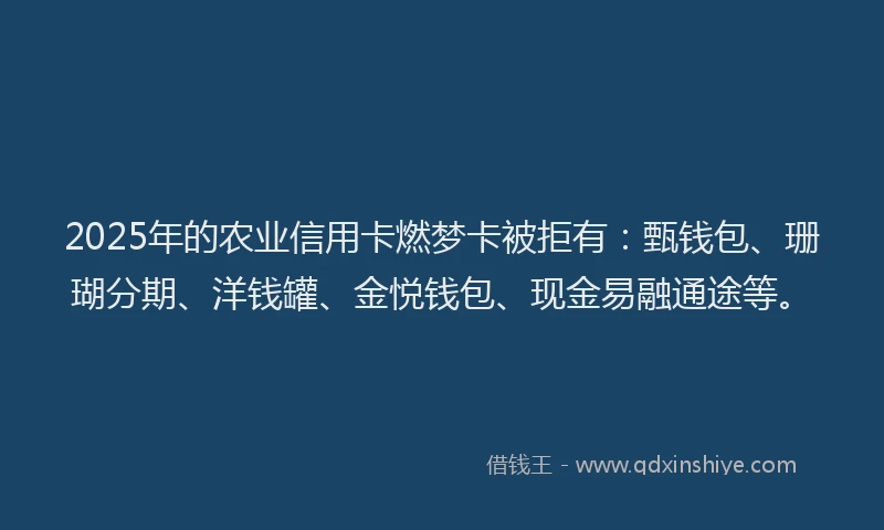 2025年的农业信用卡燃梦卡被拒有：甄钱包、珊瑚分期、洋钱罐、金悦钱包、现金易融通途等。