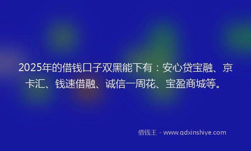 2025年的借钱口子双黑能下有：安心贷宝融、京卡汇、钱速借融、诚信一周花、宝盈商城等。