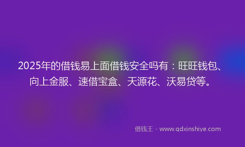 2025年的借钱易上面借钱安全吗有：旺旺钱包、向上金服、速借宝盒、天源花、沃易贷等。
