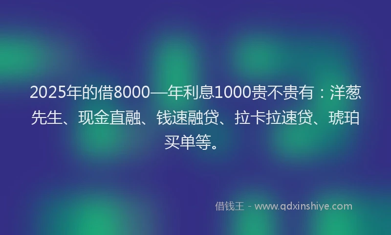 2025年的借8000—年利息1000贵不贵有：洋葱先生、现金直融、钱速融贷、拉卡拉速贷、琥珀买单等。