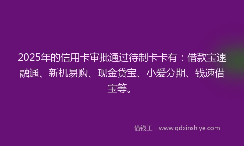 2025年的信用卡审批通过待制卡卡有：借款宝速融通、新机易购、现金贷宝、小爱分期、钱速借宝等。