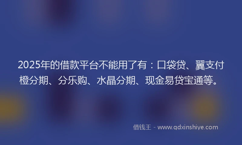 2025年的借款平台不能用了有：口袋贷、翼支付橙分期、分乐购、水晶分期、现金易贷宝通等。