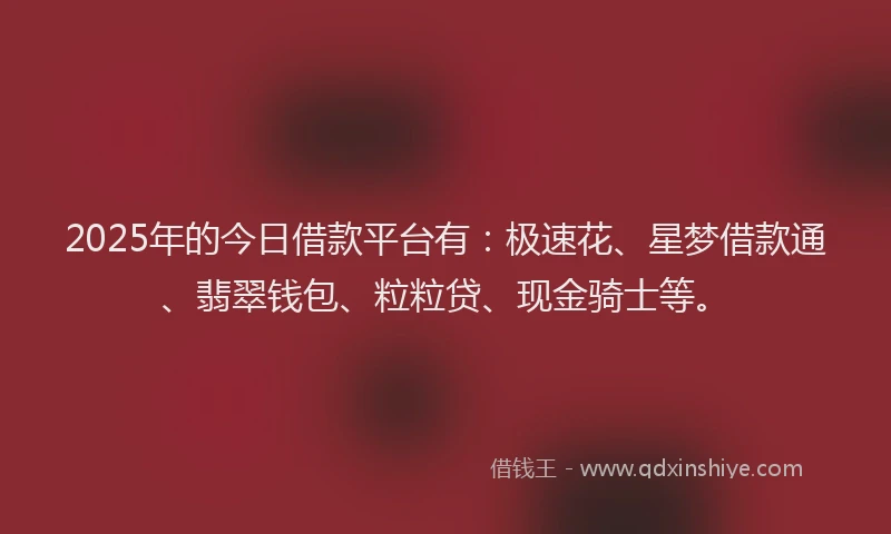 2025年的今日借款平台有：极速花、星梦借款通、翡翠钱包、粒粒贷、现金骑士等。
