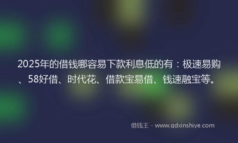 2025年的借钱哪容易下款利息低的有：极速易购、58好借、时代花、借款宝易借、钱速融宝等。