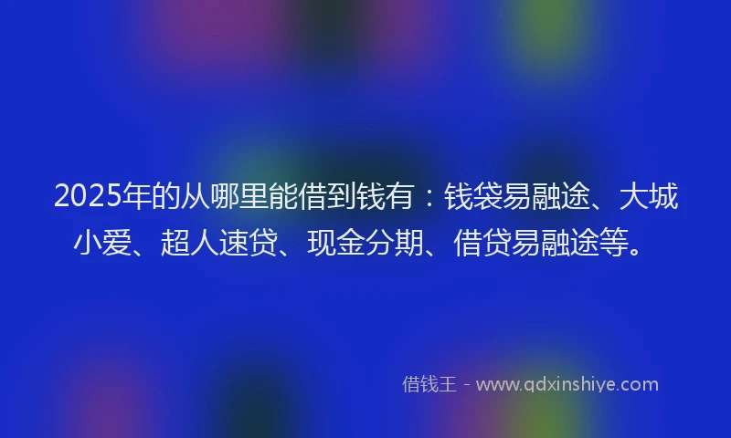 2025年的从哪里能借到钱有：钱袋易融途、大城小爱、超人速贷、现金分期、借贷易融途等。