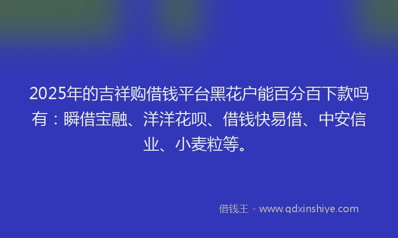 2025年的吉祥购借钱平台黑花户能百分百下款吗有：瞬借宝融、洋洋花呗、借钱快易借、中安信业、小麦粒等。