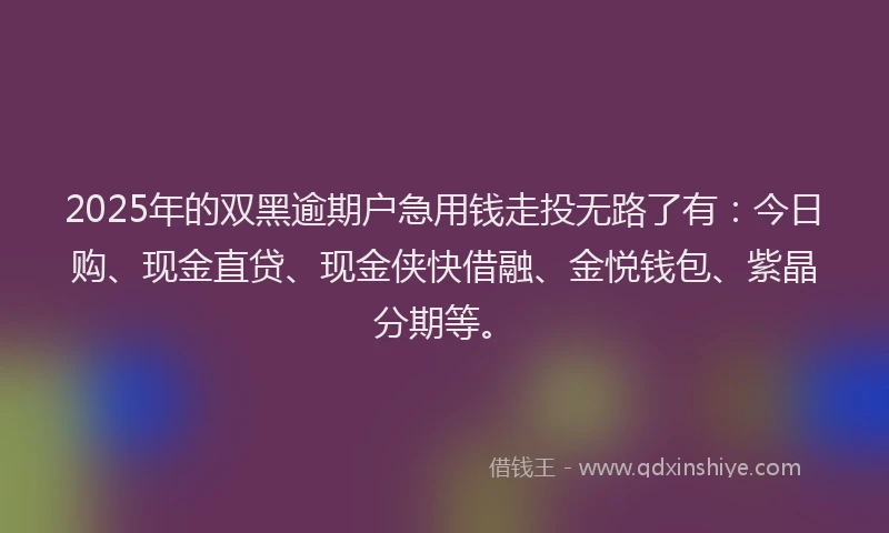 2025年的双黑逾期户急用钱走投无路了有：今日购、现金直贷、现金侠快借融、金悦钱包、紫晶分期等。