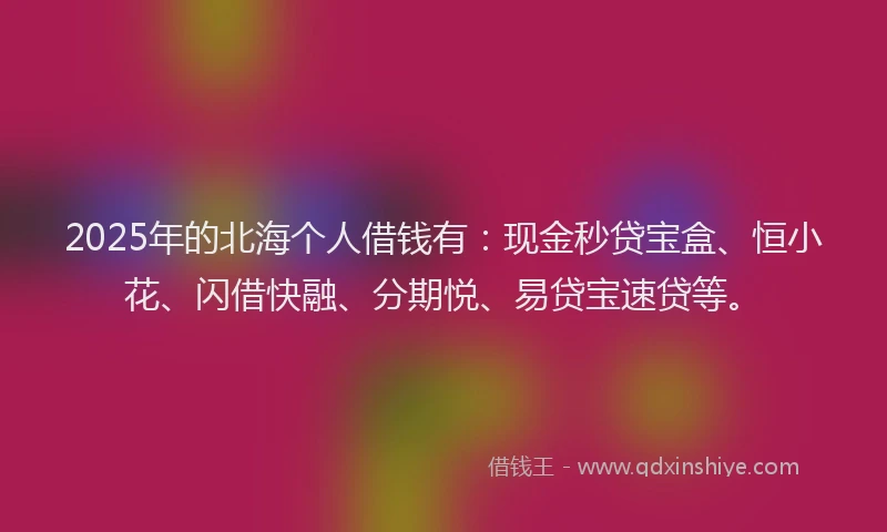 2025年的北海个人借钱有：现金秒贷宝盒、恒小花、闪借快融、分期悦、易贷宝速贷等。