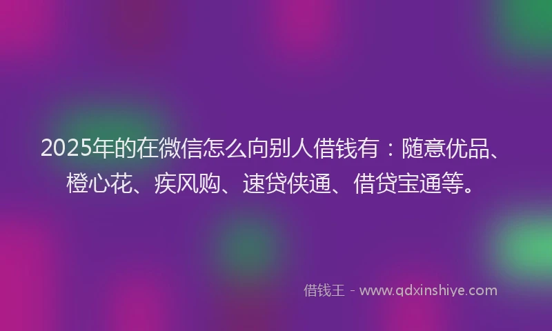 2025年的在微信怎么向别人借钱有：随意优品、橙心花、疾风购、速贷侠通、借贷宝通等。
