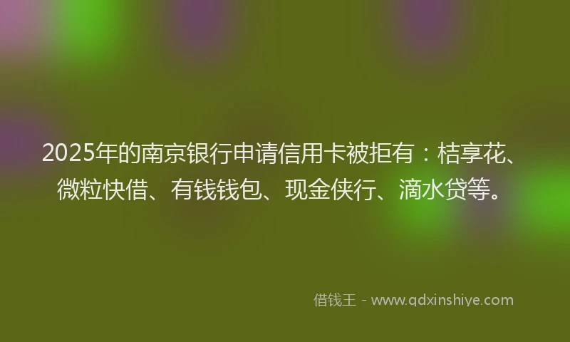2025年的南京银行申请信用卡被拒有：桔享花、微粒快借、有钱钱包、现金侠行、滴水贷等。