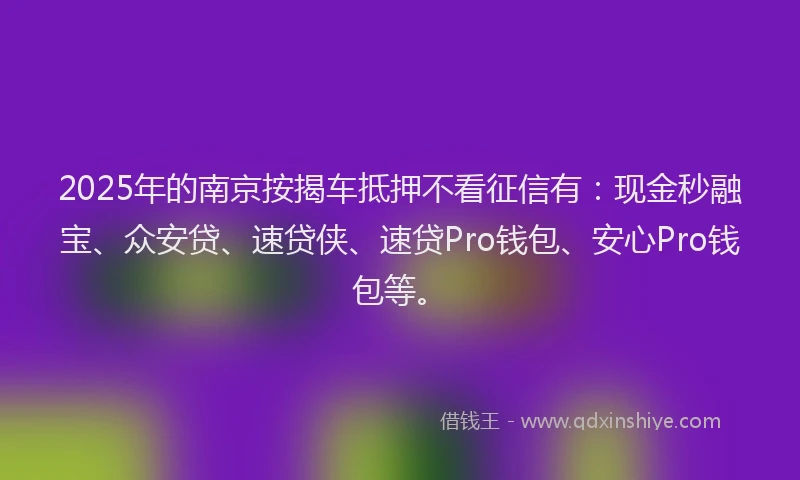2025年的南京按揭车抵押不看征信有：现金秒融宝、众安贷、速贷侠、速贷Pro钱包、安心Pro钱包等。