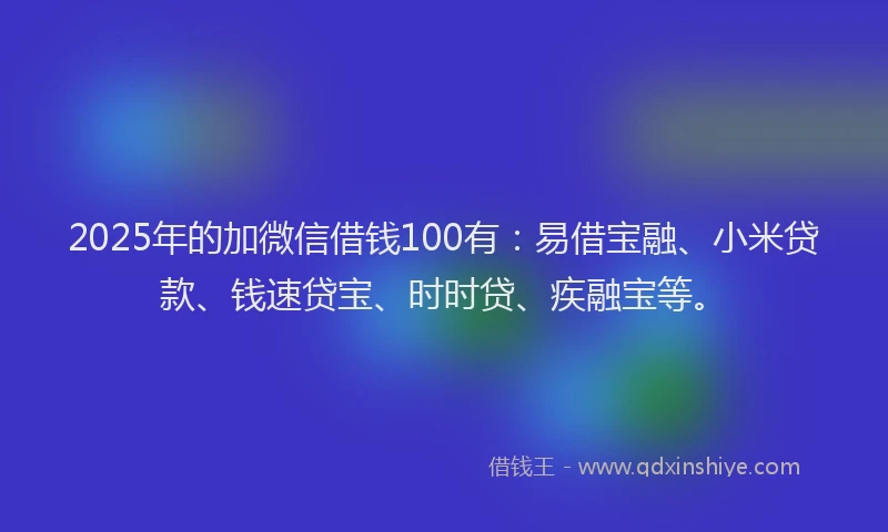 2025年的加微信借钱100有：易借宝融、小米贷款、钱速贷宝、时时贷、疾融宝等。