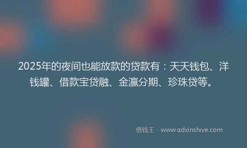 2025年的夜间也能放款的贷款有：天天钱包、洋钱罐、借款宝贷融、金瀛分期、珍珠贷等。