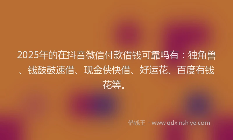 2025年的在抖音微信付款借钱可靠吗有：独角兽、钱鼓鼓速借、现金侠快借、好运花、百度有钱花等。