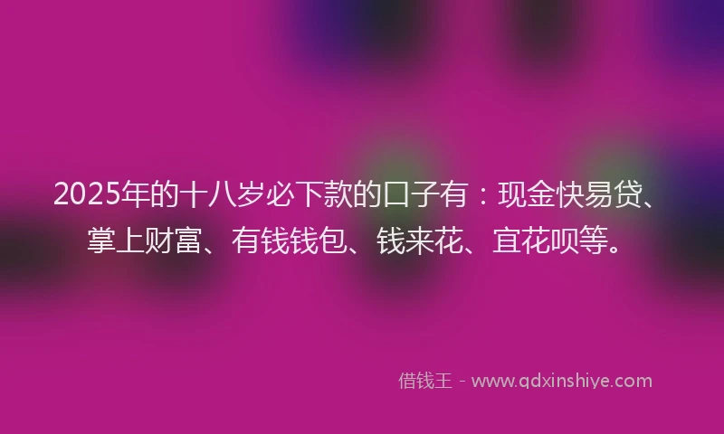 2025年的十八岁必下款的口子有：现金快易贷、掌上财富、有钱钱包、钱来花、宜花呗等。
