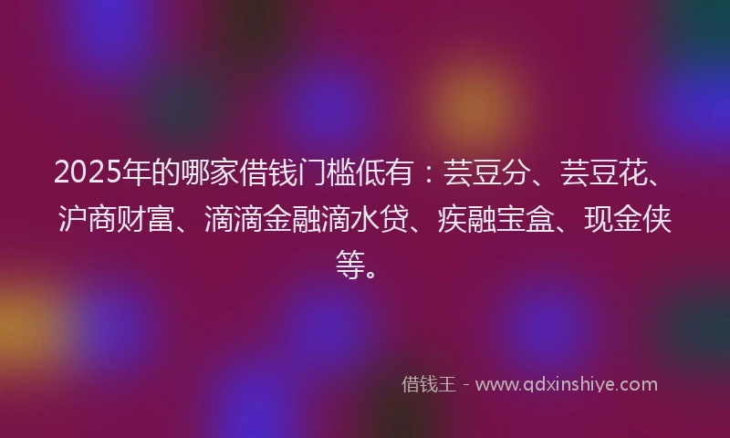 2025年的哪家借钱门槛低有：芸豆分、芸豆花、沪商财富、滴滴金融滴水贷、疾融宝盒、现金侠等。