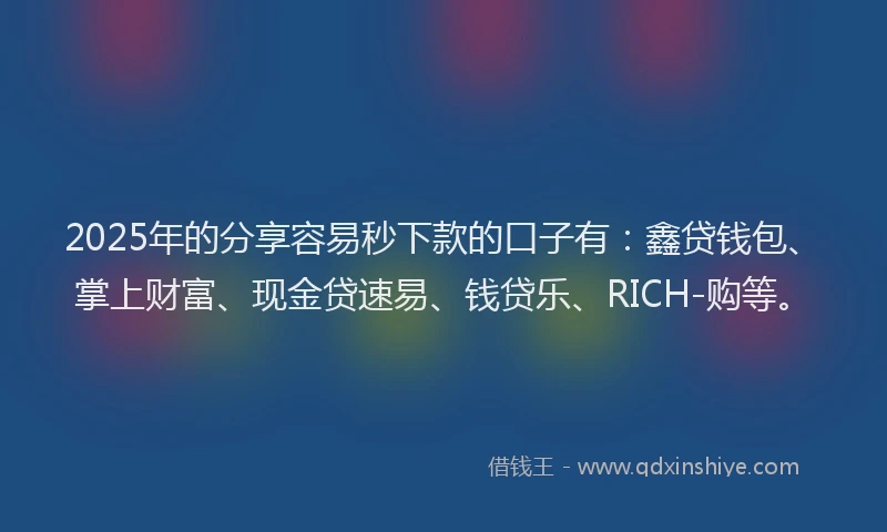 2025年的分享容易秒下款的口子有：鑫贷钱包、掌上财富、现金贷速易、钱贷乐、RICH-购等。