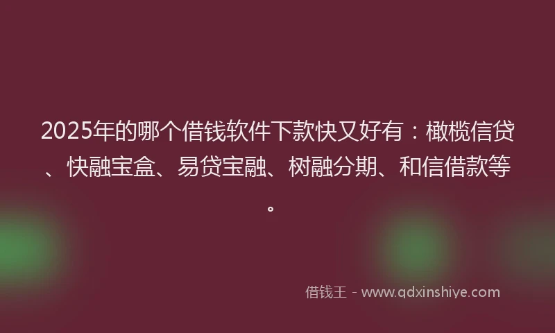 2025年的哪个借钱软件下款快又好有：橄榄信贷、快融宝盒、易贷宝融、树融分期、和信借款等。