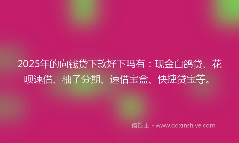 2025年的向钱贷下款好下吗有：现金白鸽贷、花呗速借、柚子分期、速借宝盒、快捷贷宝等。